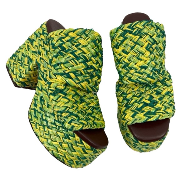 Farm Rio Sandalia Salto Alto Green Raffia Woven Open Toe Platform Sandals 7 RARE - Picture 1 of 9